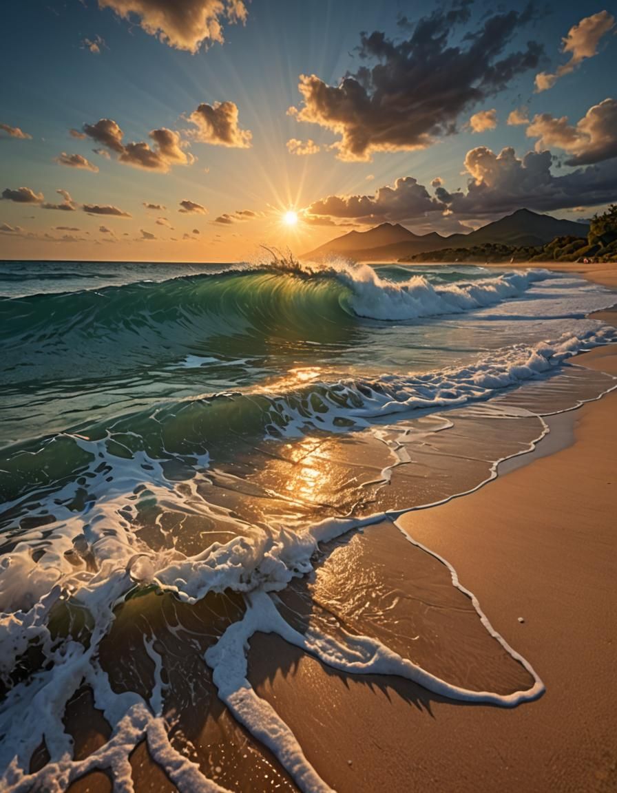 Sunlit Wave Breaks on a Paradisiacal Beach at Dusk