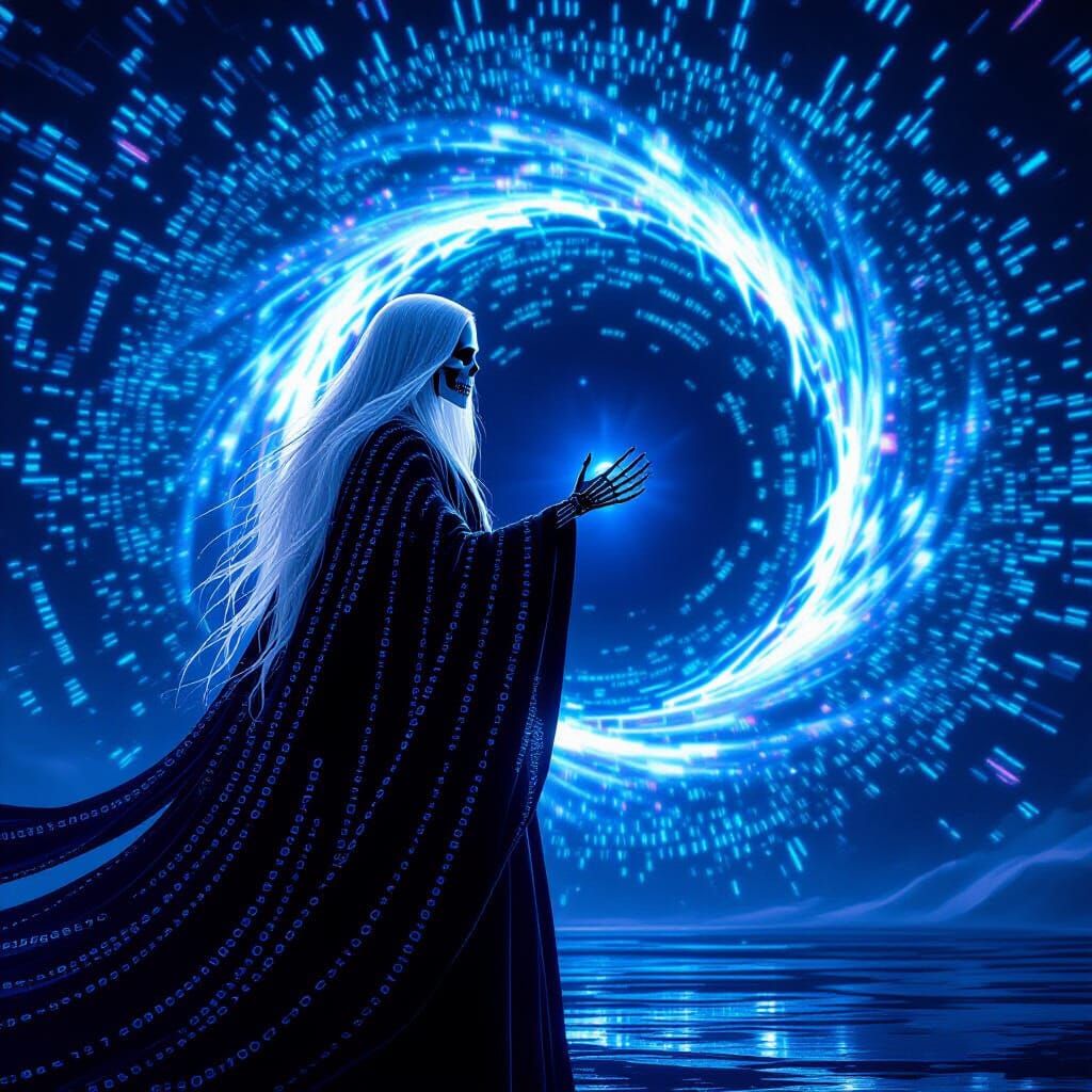 Grim Reaper in Digital Vortex, Biomechanical Futurism