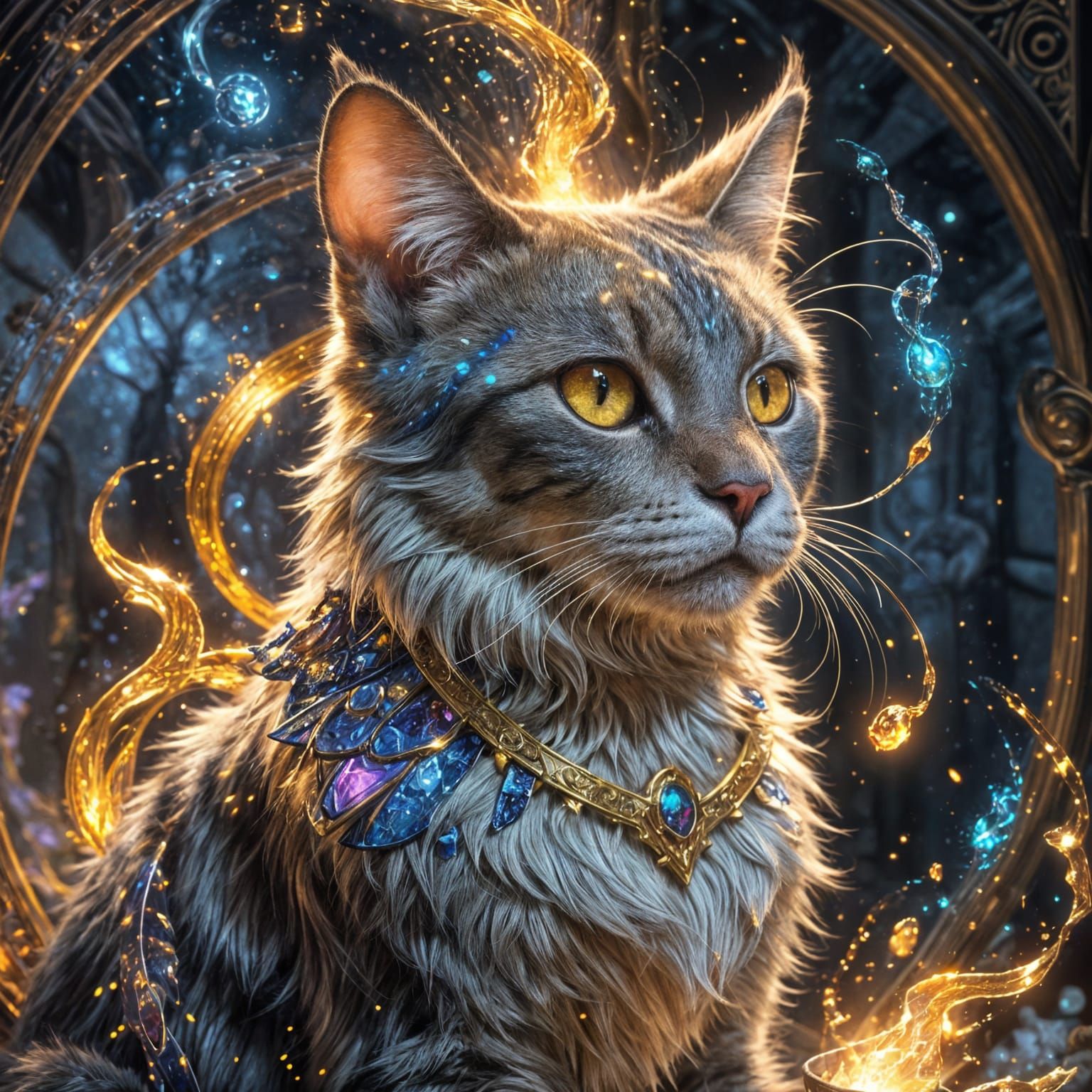 A Mystic Feline Wizard Casting a Spell in Vibrant Triadic Co...