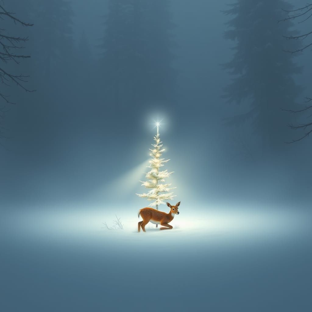 Winter Forest Clearing with Glowing Christmas Tree and Fawn