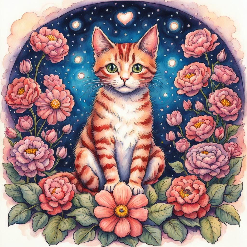Cute Cat Surrounded by Flowers in Cartoon Style