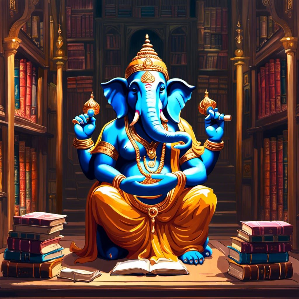 Ganesh in Library: Gouache Impasto Concept Art