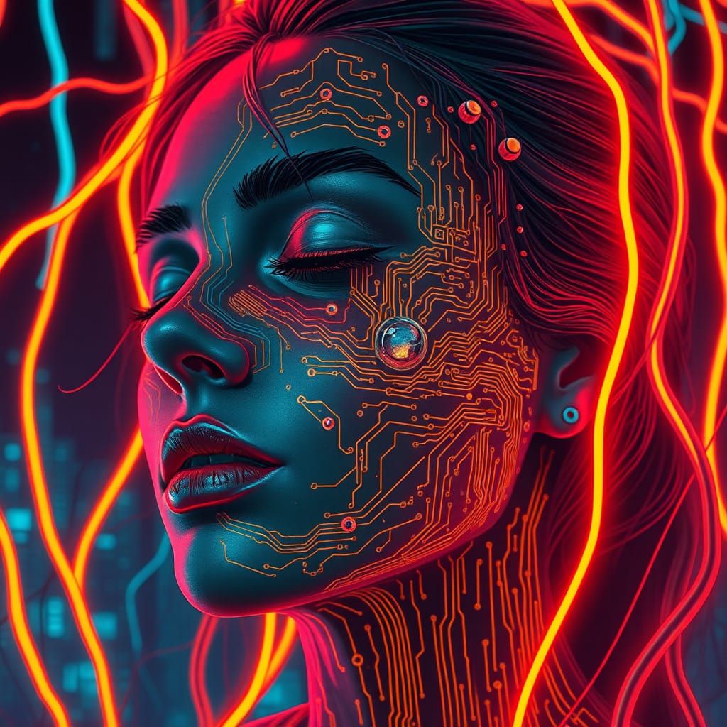 Cyberpunk Woman with Neon Circuits and Microchips