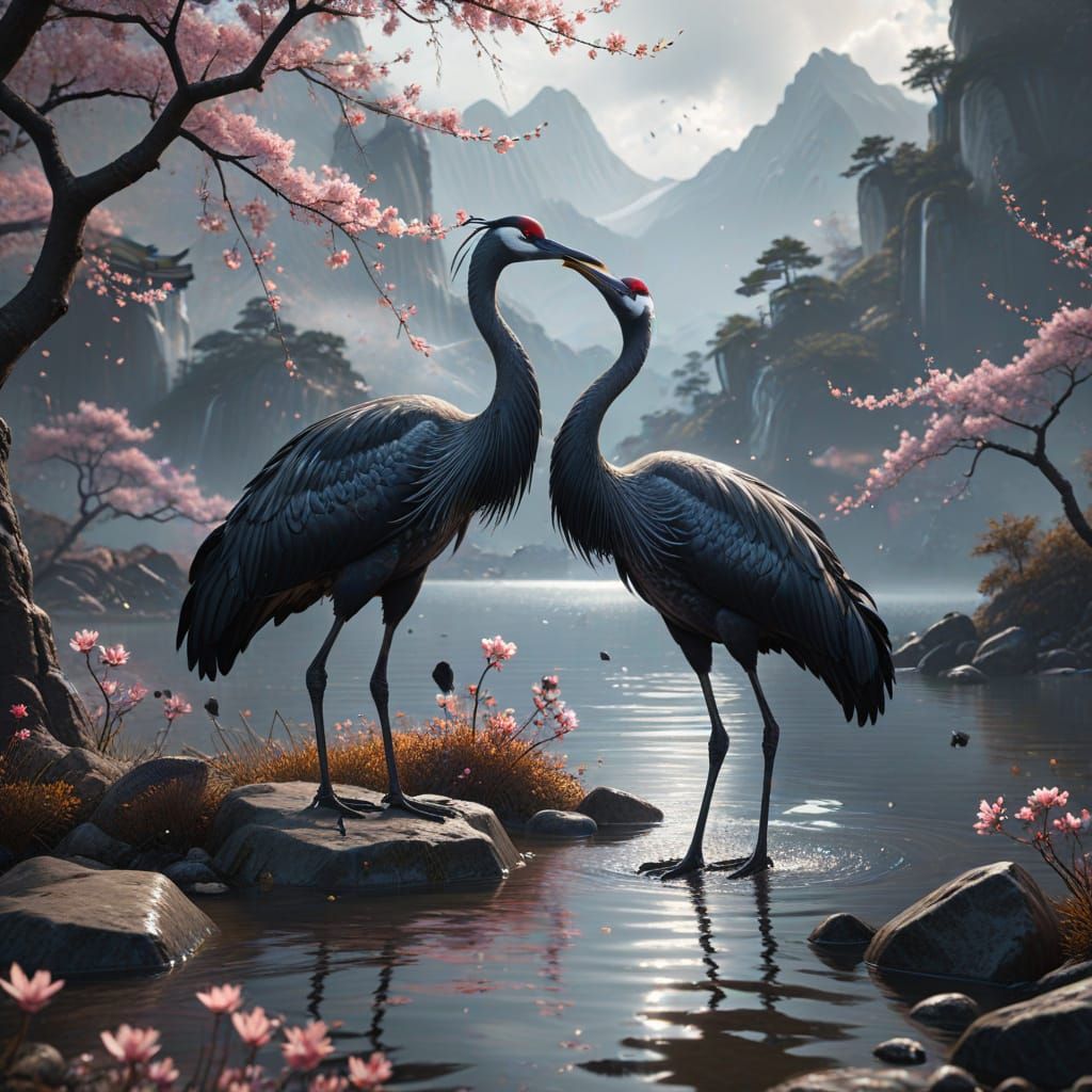 Black Cranes and Sakura Flowers in Sfumato Painting