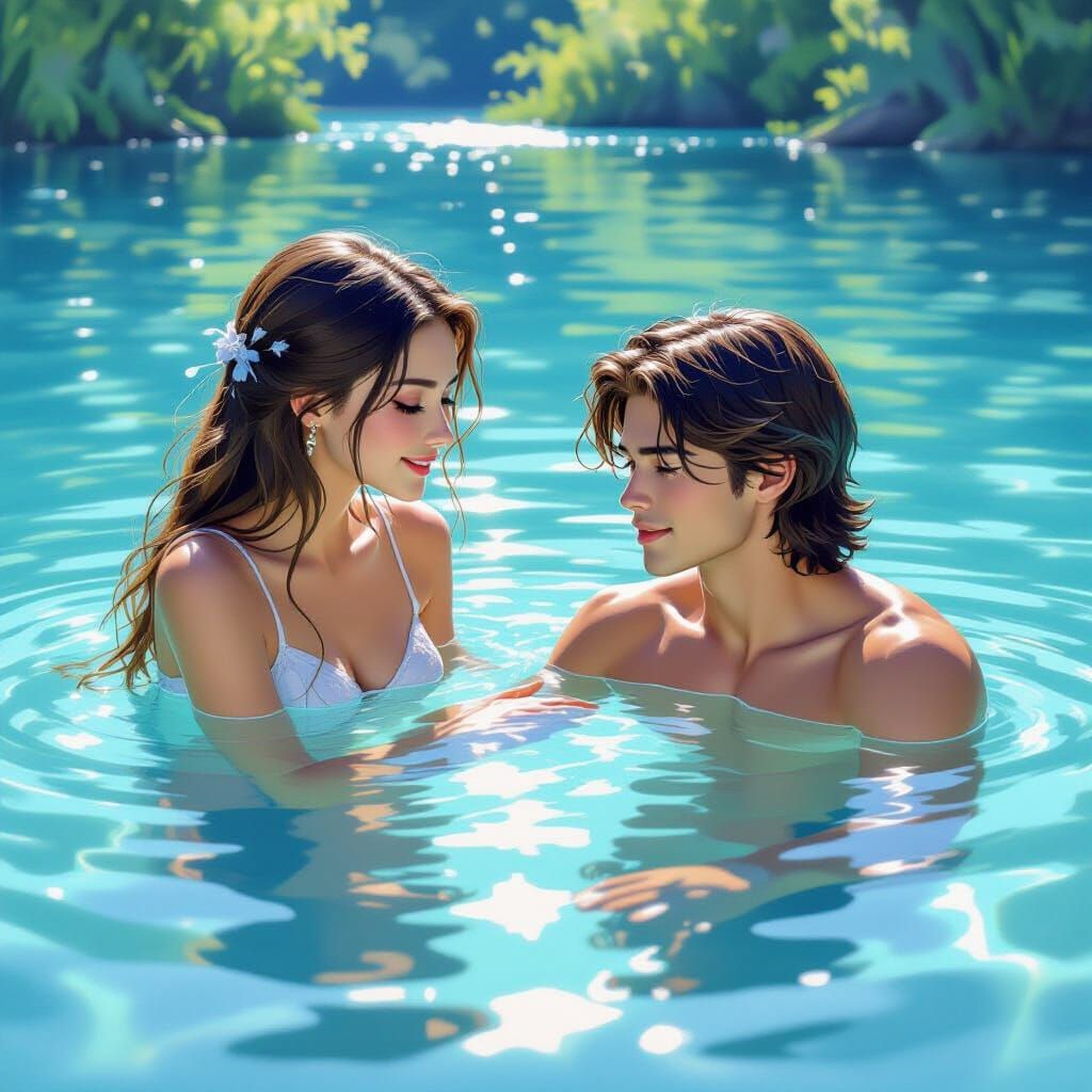 Girl Teaches Young Man To Swim in Sunlit Lake