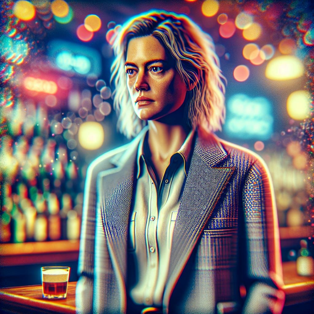 Hyperrealistic Woman in Bar with Film Grain Effect