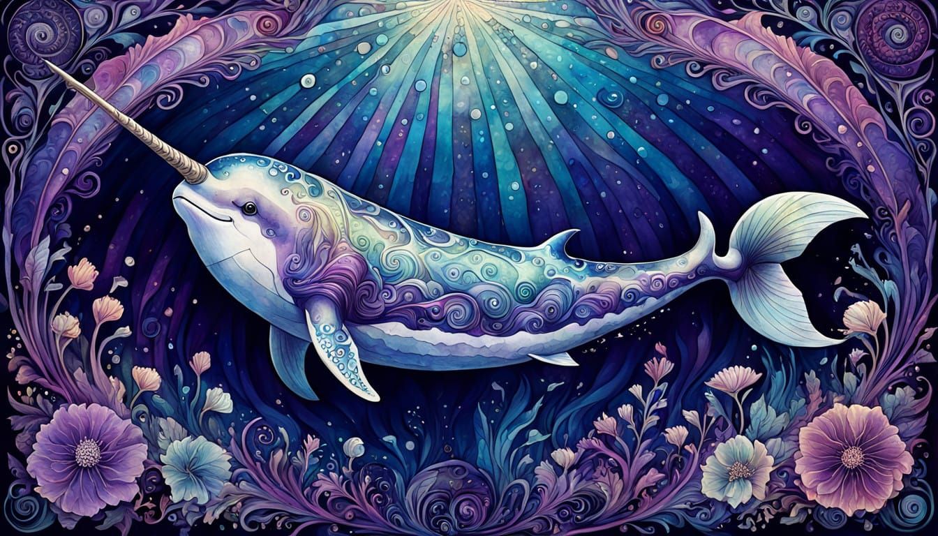Narwhal in Whimsical Art Nouveau Purple Hues