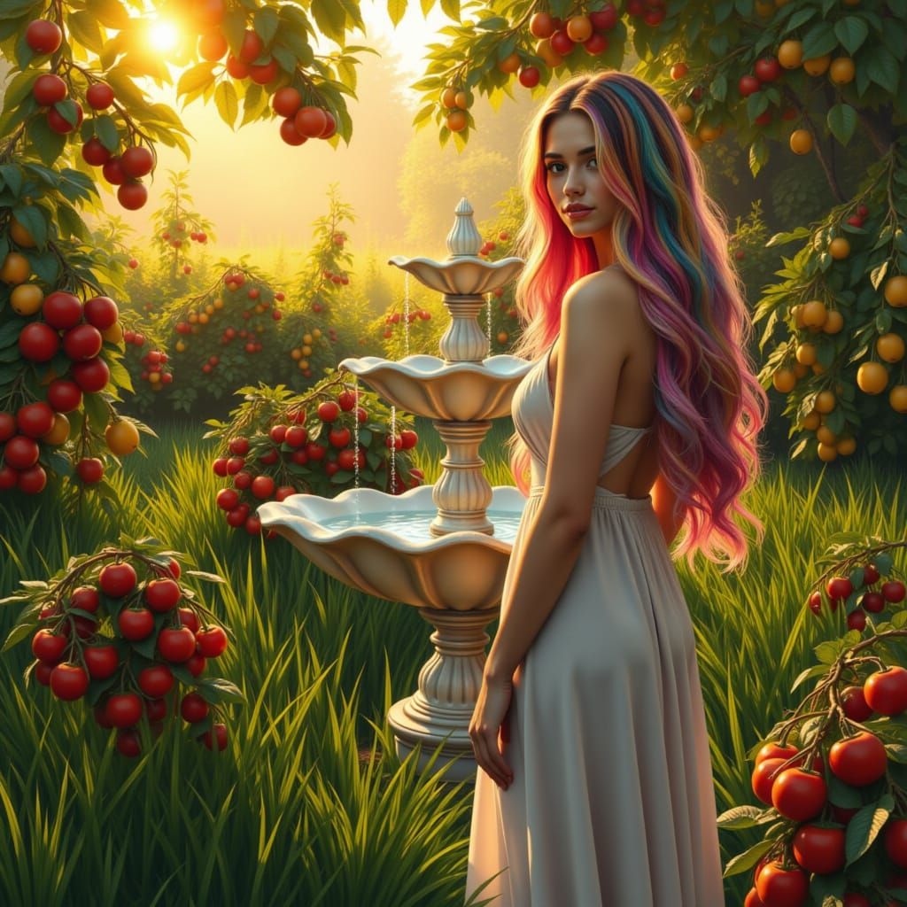 Vibrant Woman in Lush Garden with Water Fountain
