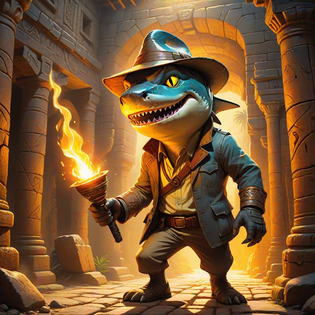 Indiana Jones Shark Exploring Temple in Oil Painting Style