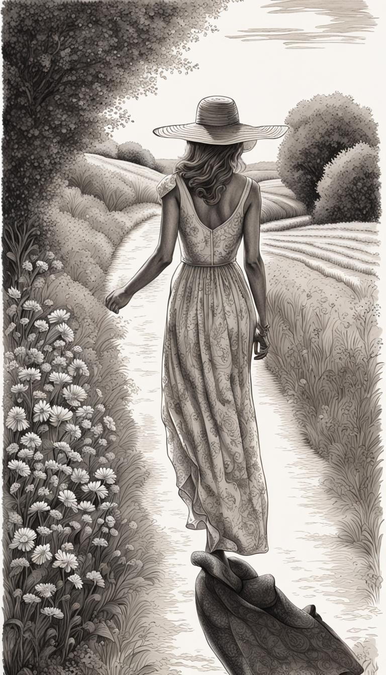 Elegant Woman in Sun Dress: Hyperdetailed Ink Drawing