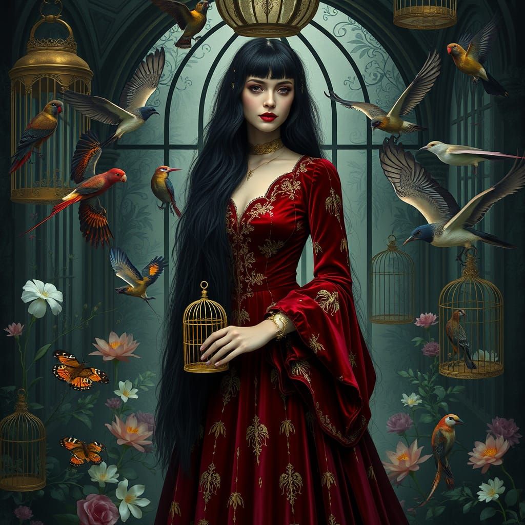 Gothic Woman Enchants in a Dark Fantasy Aviary