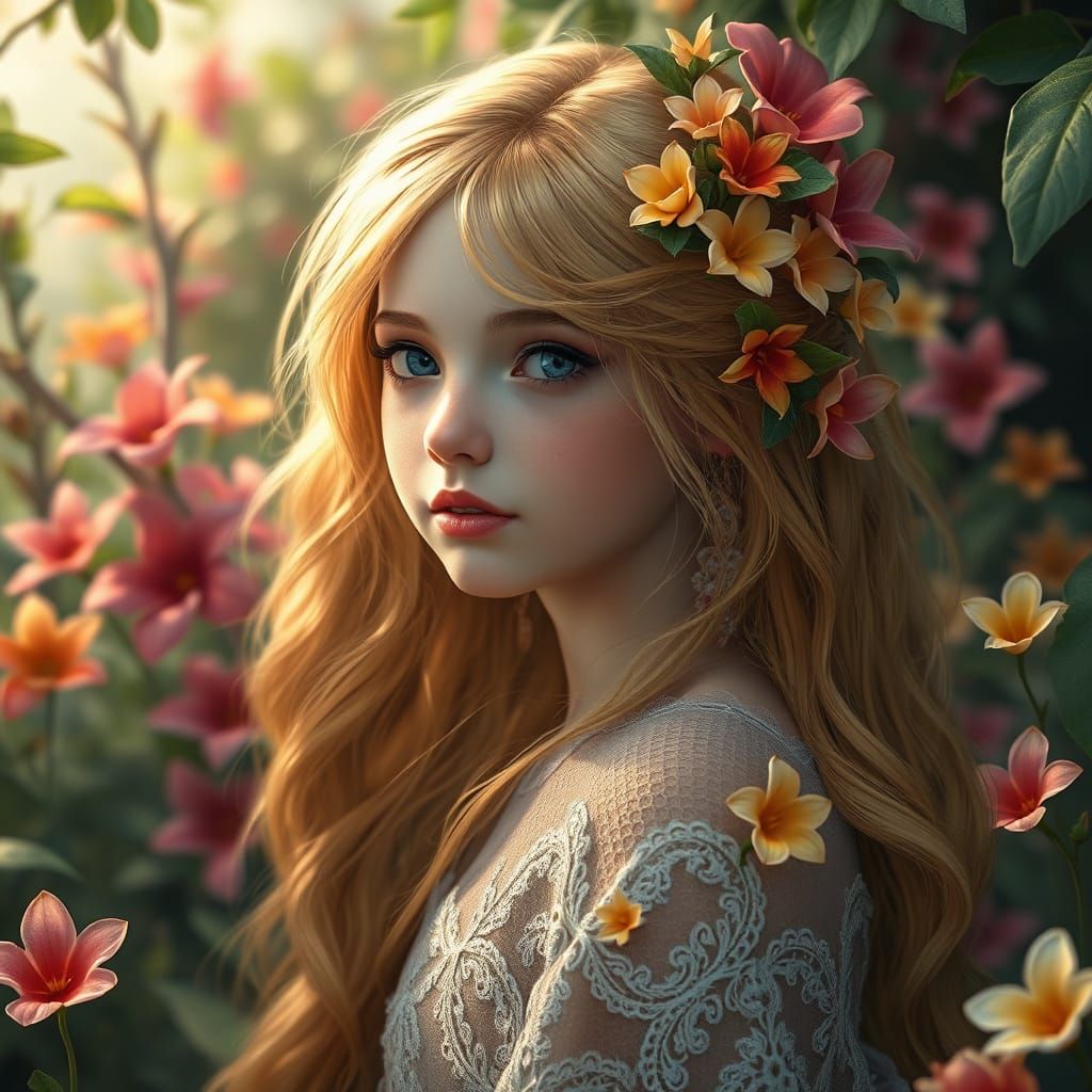 Golden Goddess Amongst Whimsical Blooms in Enchanted Landsca...