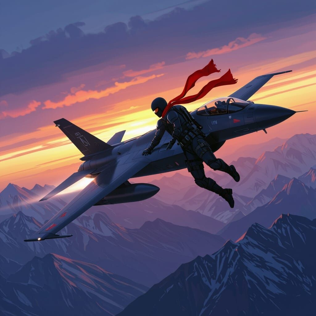Stealth Jet Carries Ninja Above Mountains at Dusk