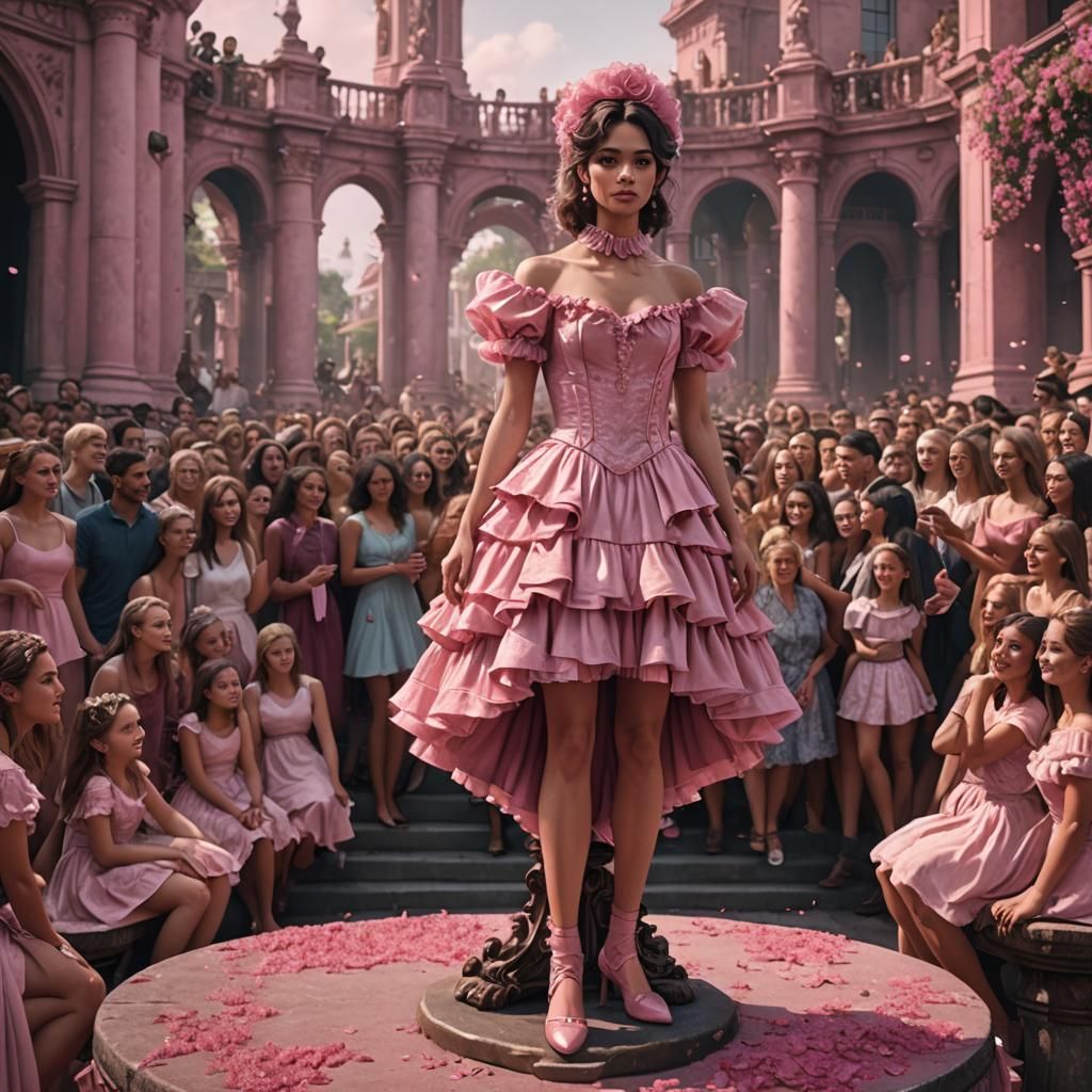 Young Man in Pink Dress on Pedestal