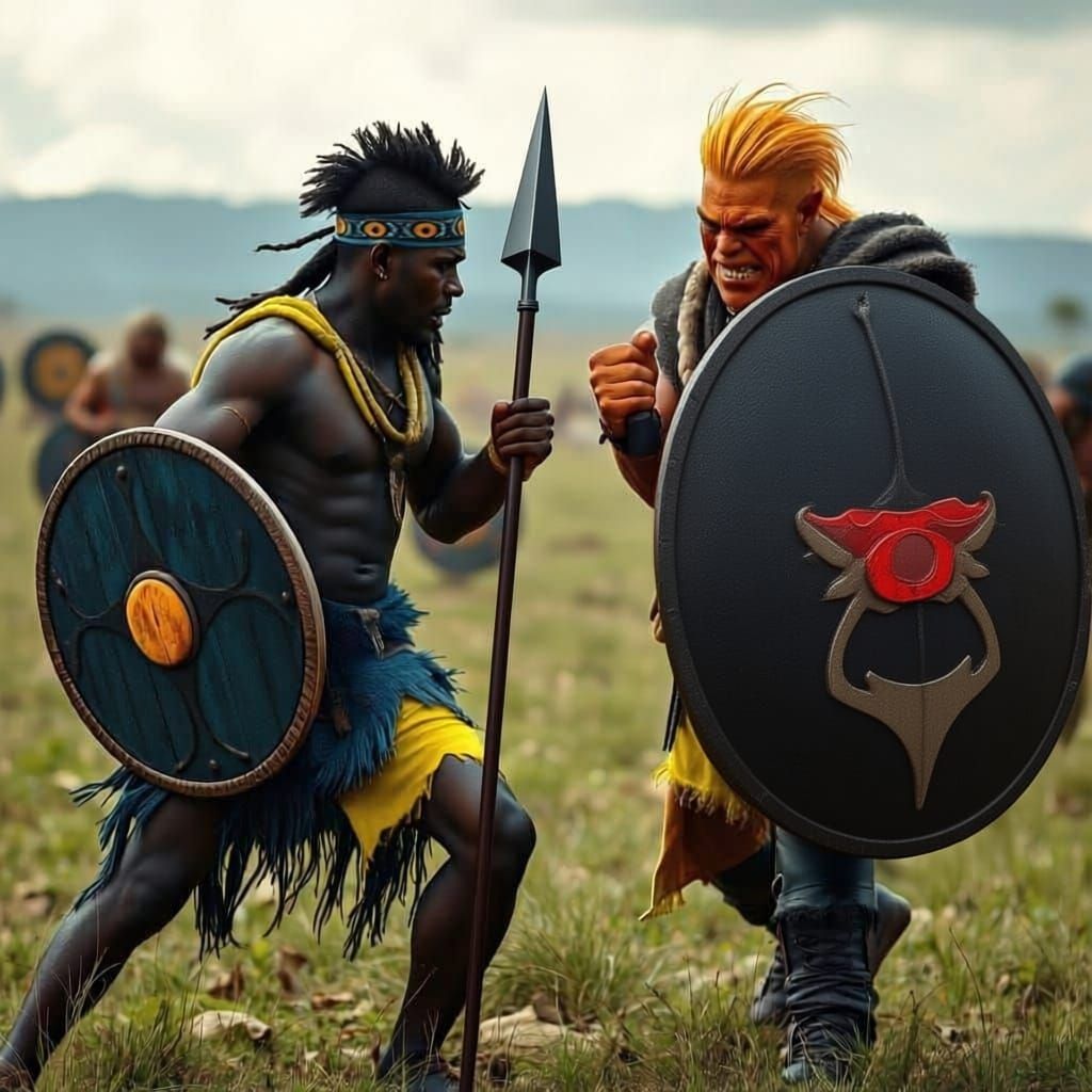 African Warrior Battles Orc on Savanna Battlefield