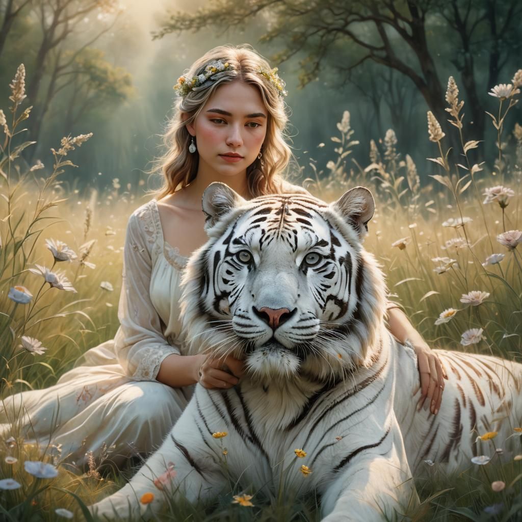 White Tiger and Maiden in Ethereal Meadow