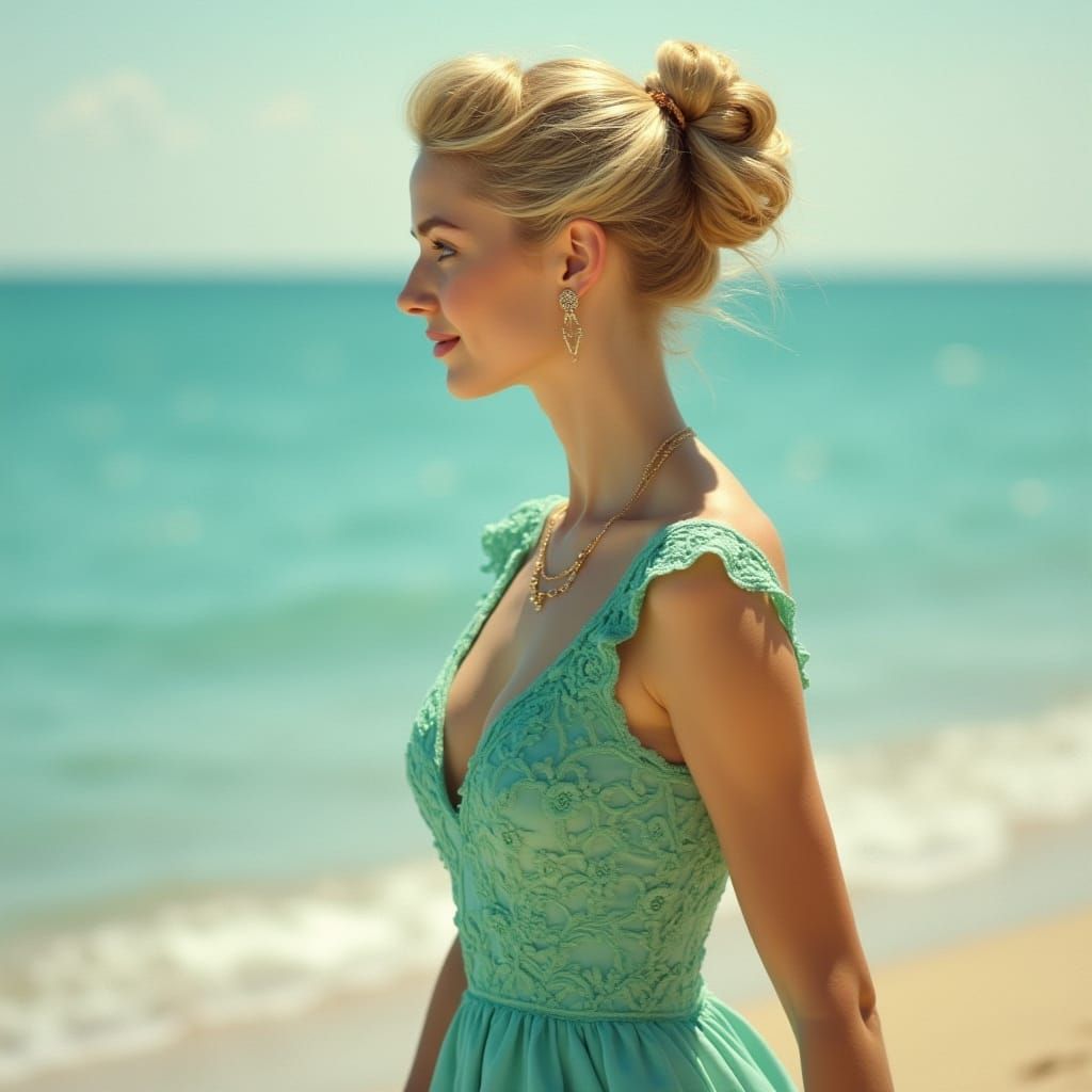 Elegant Woman on Ocean Shore in Impressionist Art Deco Style