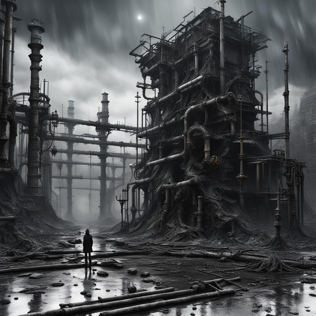 Gothic Model in Industrial Decay: Black and White Photograph...