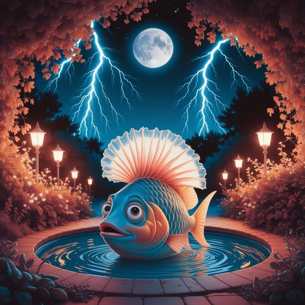 Fish in Shower Cap Under Lightning in Moonlit Garden