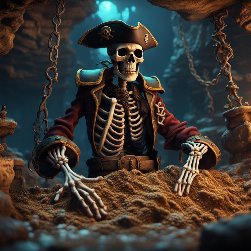 Skeleton Pirate Guarding Treasure: Matte Painting