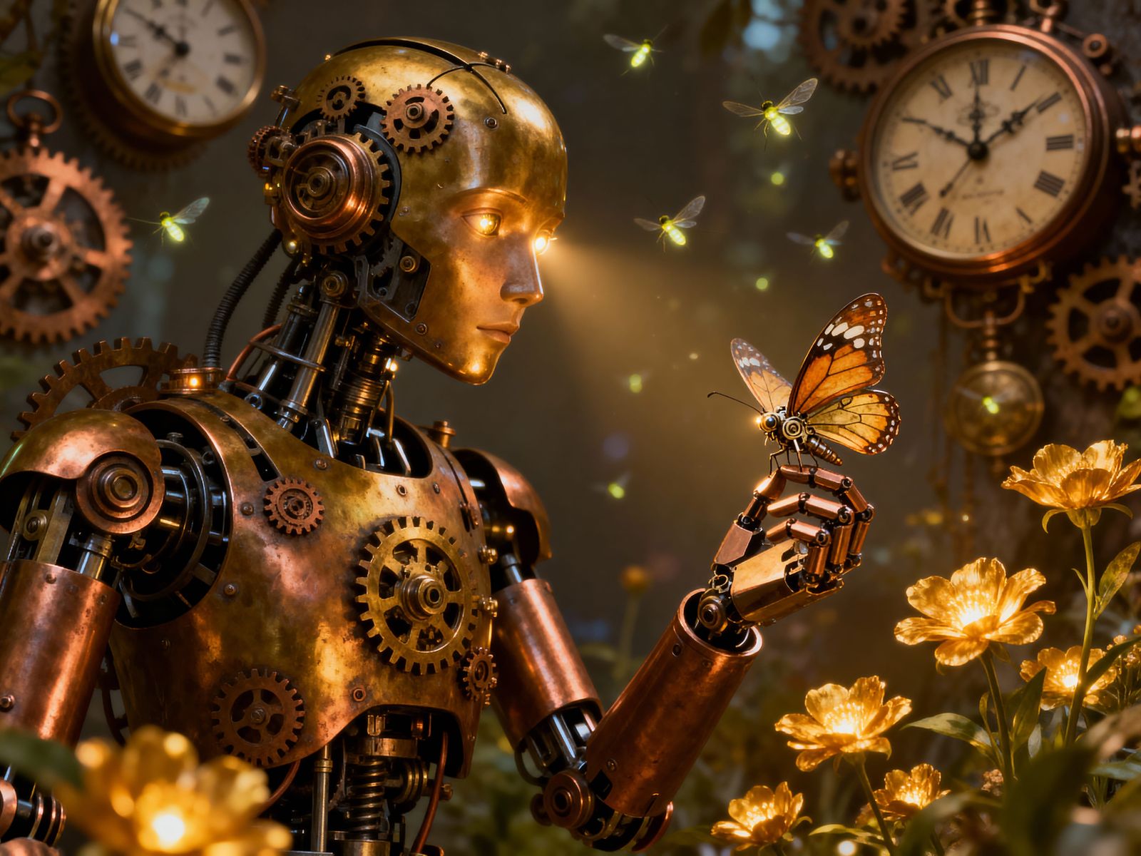 Steampunk Robot with Mechanical Butterfly and Golden Flowers