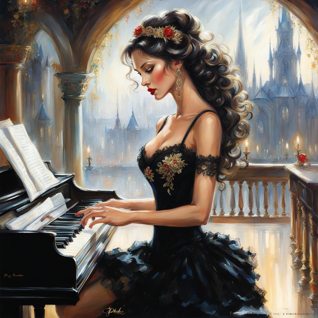 """Portrait of a beautiful woman, full body, golden hair, , red lips, black dress with lace, playing piano in a bar,,,"s...