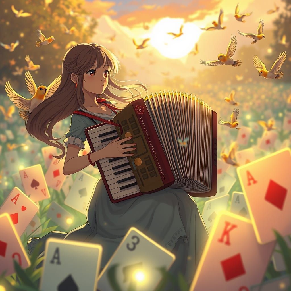 Anime style. Wide shot. A young woman with flowing hair is p...