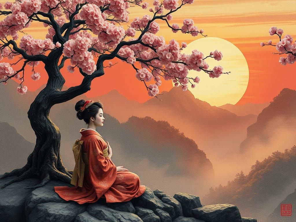 Geisha Meditating in Steampunk-Chinese Style