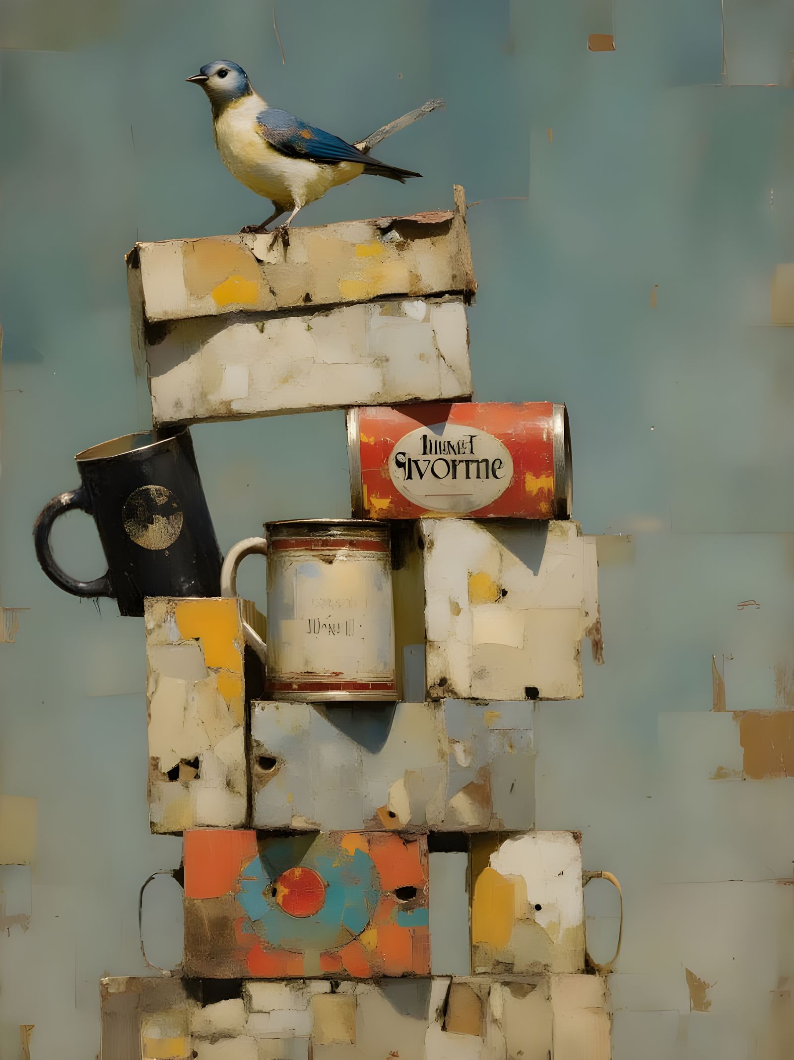 Bluebird on Junk Pile in Art Brut Style