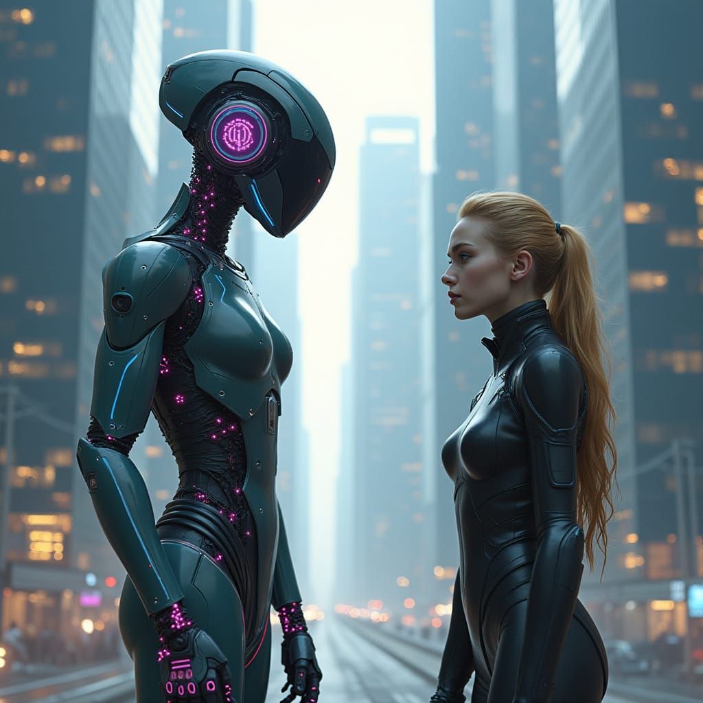 AI and Human Unite in Futuristic Cityscape