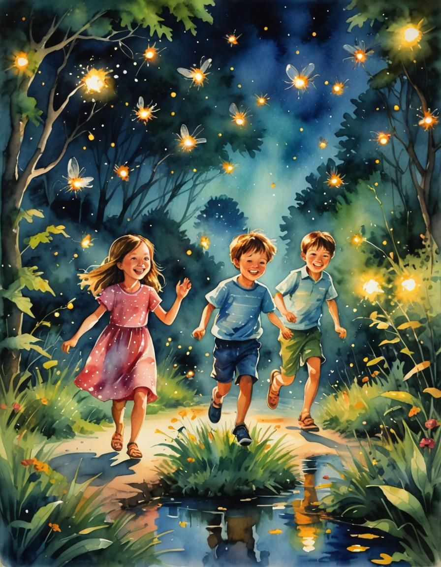 Children Chasing Fireflies: Vivid Watercolor Summer Night