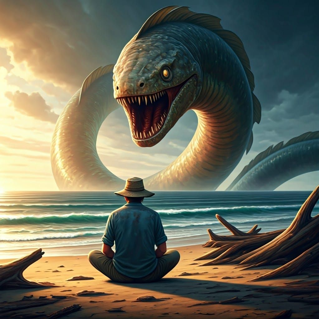 Eel Sea Monster Lurking Behind Man