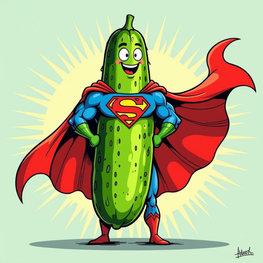 Heroic Cucumber in Superman Cape Illustration