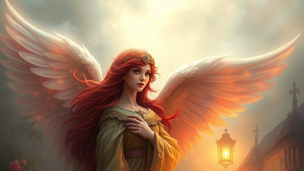 Magical Angel with Fiery Red Hair in Ethereal Style