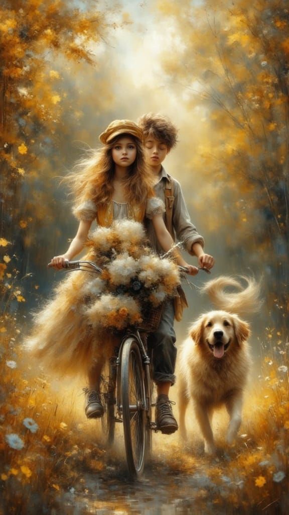 Children on Vintage Bicycle with Dog in Nostalgic Light