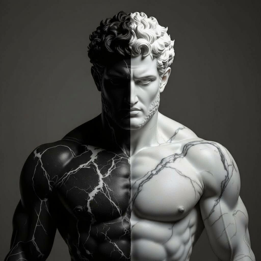 Muscular God Sculpture with Black and White Marbled Skin