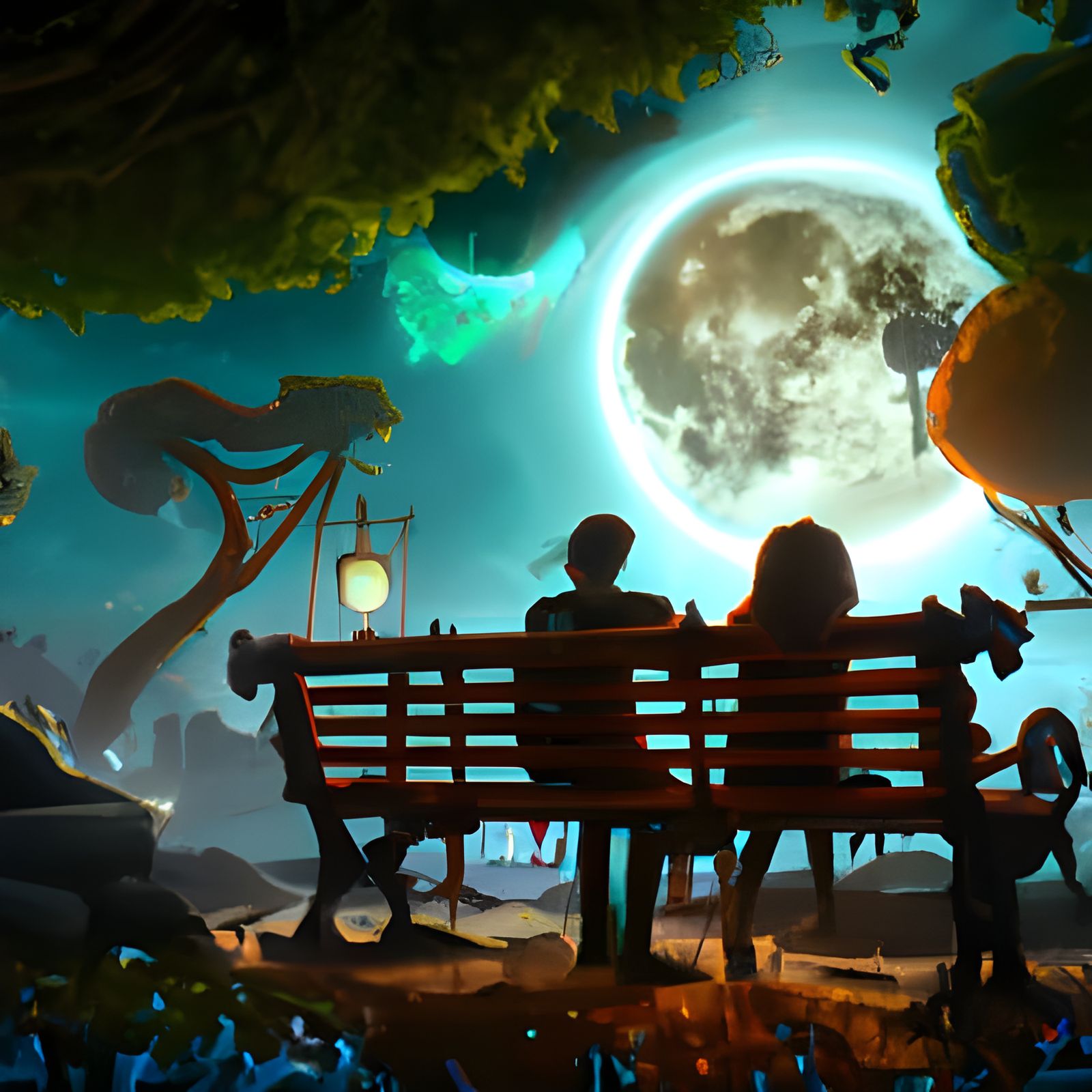 Couple Watching Moon in Detailed Matte Painting