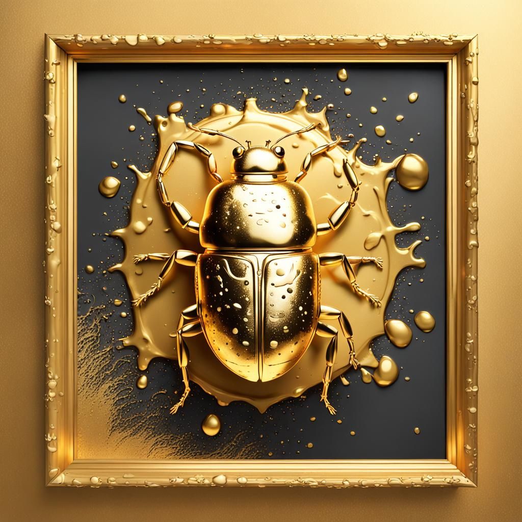 Golden Bug in Gold Frame: Hyperrealistic Splash Art