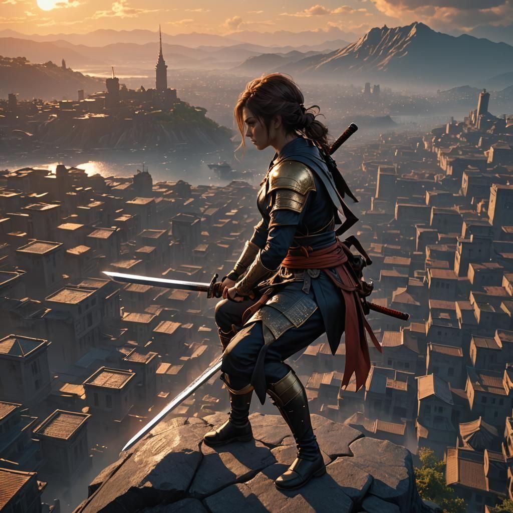 Superhero Woman with Katana at Sunset