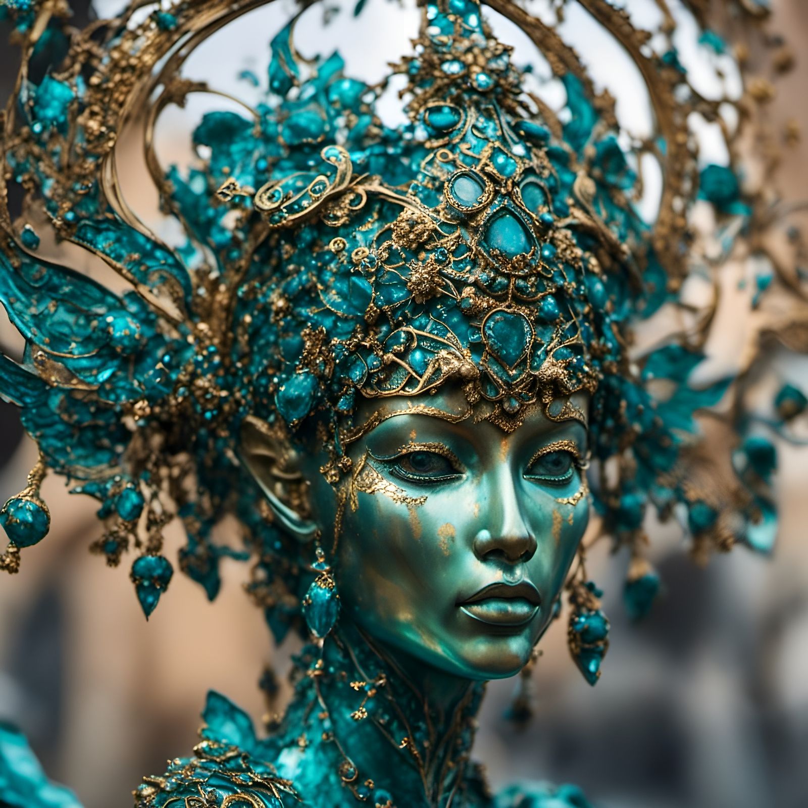 Verdigris Fantasy Statue with Stained Glass Style