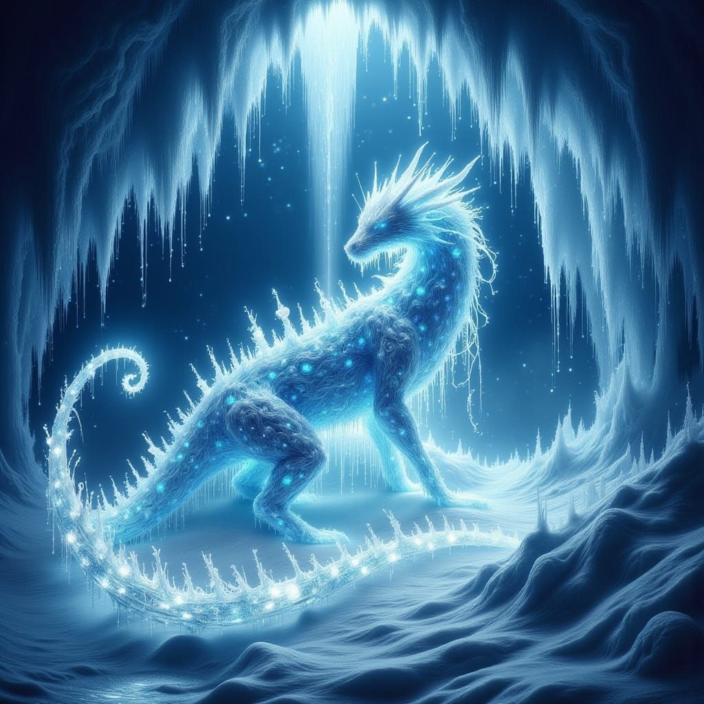 Majestic Ice Dragon Guards Frozen Waterfall in Winter Landsc...