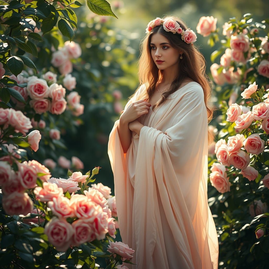 Serene Goddess in a Vibrant Rose Garden