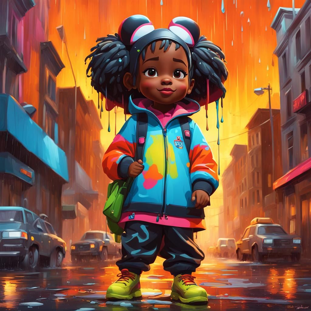 Vibrant Street Art Portrait of a Young Black Girl in Rain Ge...