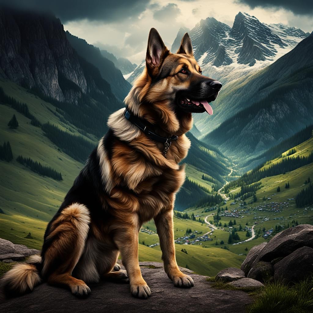 Alsatian Dog in Mountain Landscape: Digital Matte Painting