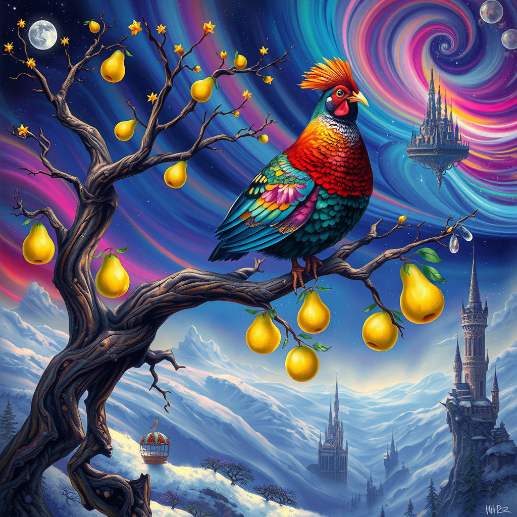 Surreal Partridge Perched on Bioluminescent Pear Tree