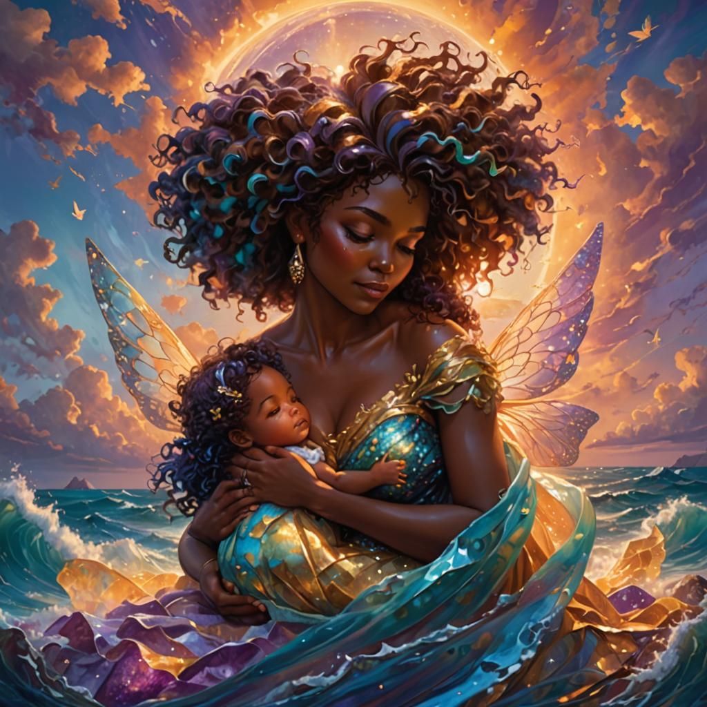 Fairy Mother and Child at Sunset in Splatter Art Style