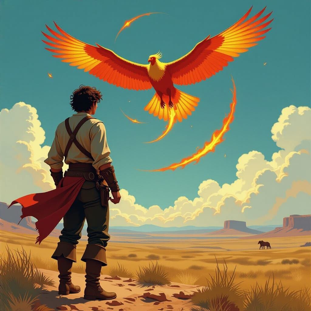 Fiery Golden Condor Soaring in Mystical Landscape