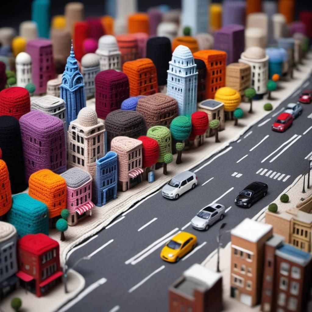 Crochet Miniature Cityscape: Detailed Concept Art