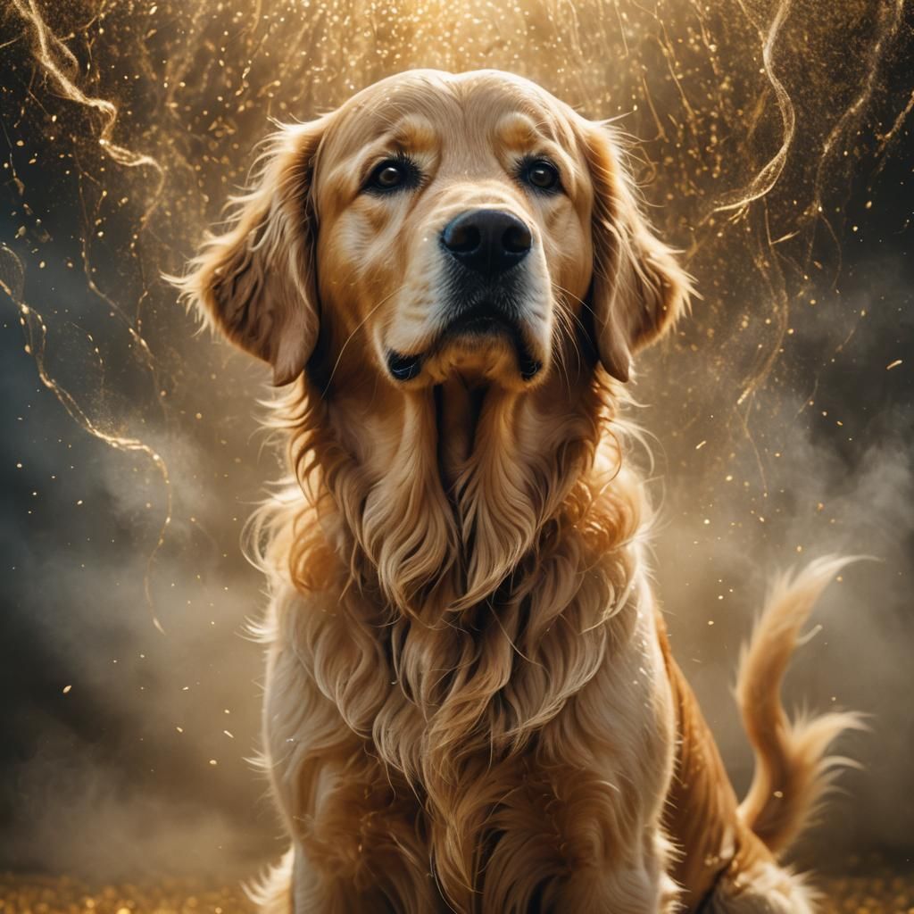 transparent golden retriever (spirit) made of gold mist.
