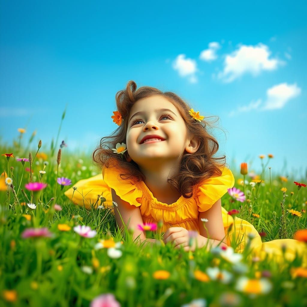 Young Girl Surrounded by Blooms in a Serene Meadow